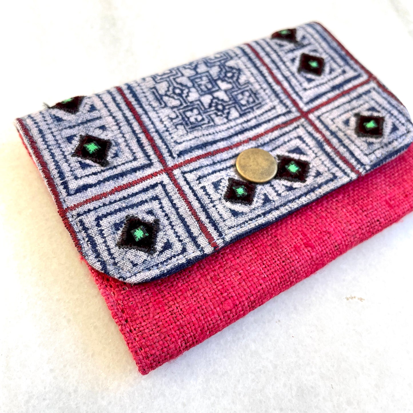 Red Hemp card holder, Indigo Batik fabric
