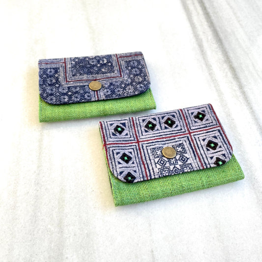 Classic green Hemp card holder, Indigo Batik fabric