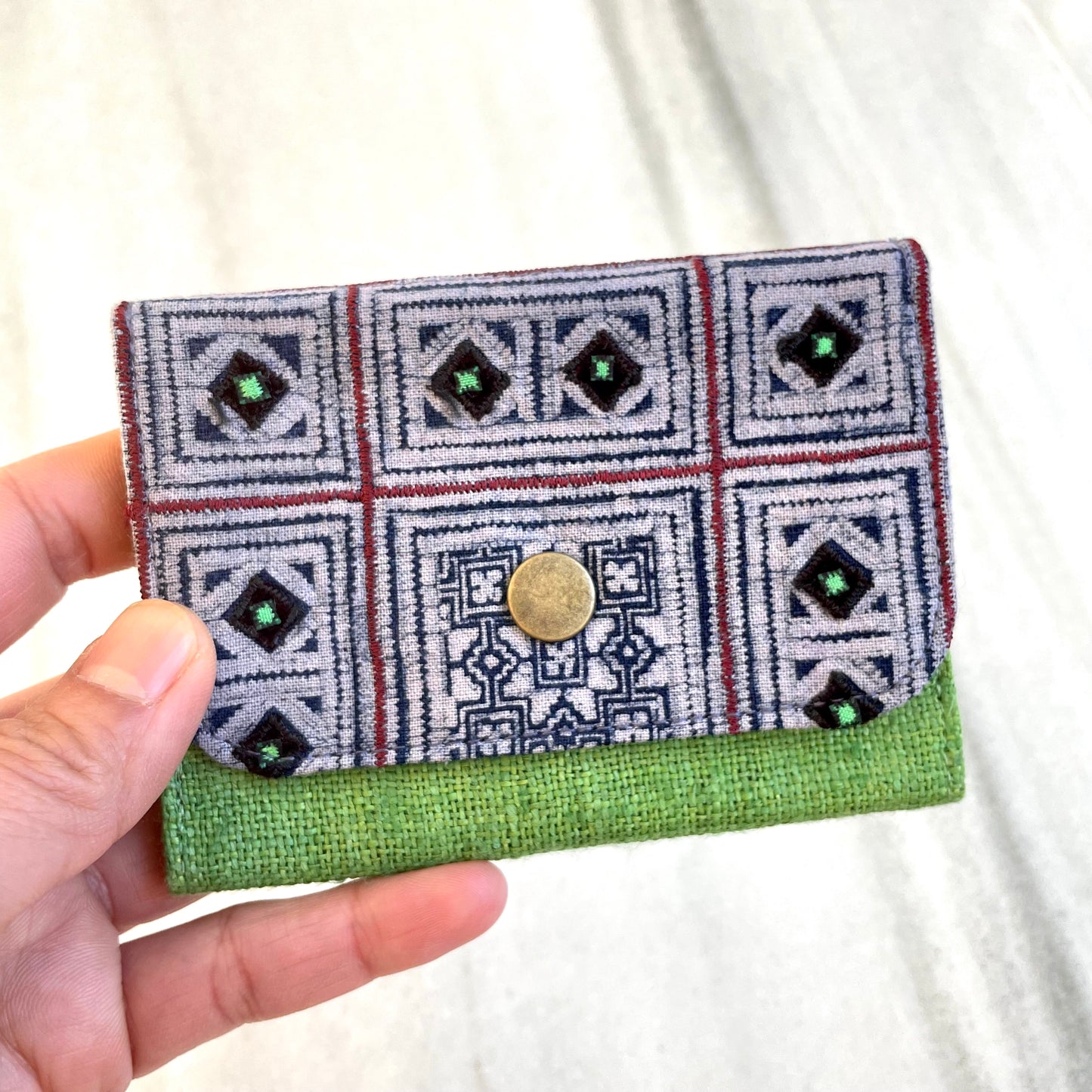Classic green Hemp card holder, Indigo Batik fabric
