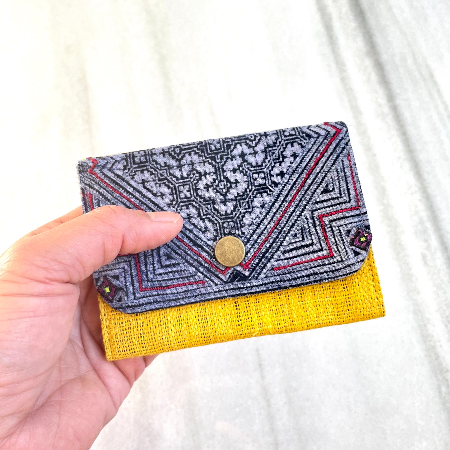 Yellow Hemp card holder, Indigo Batik fabric