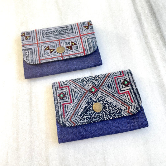 Purple hemp card holder, Indigo Batik fabric