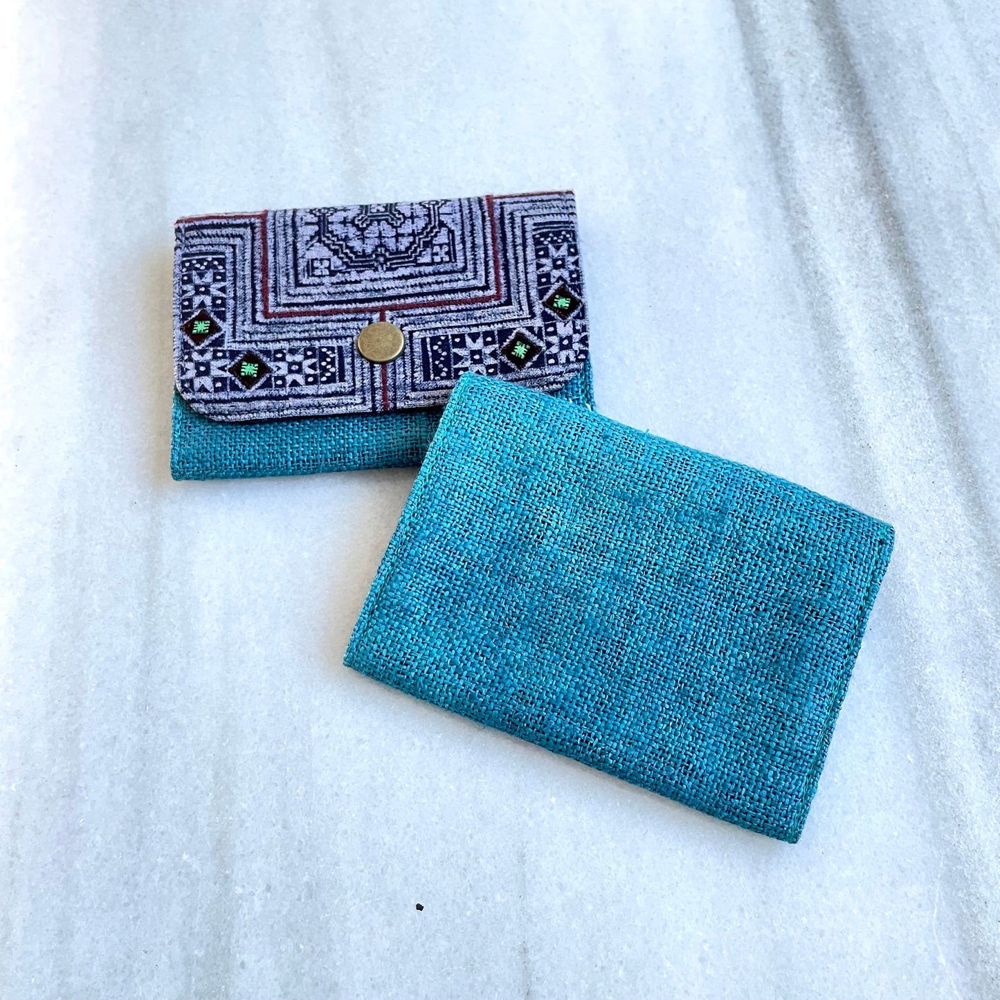 Turquoise blue hemp card holder, Indigo Batik fabric
