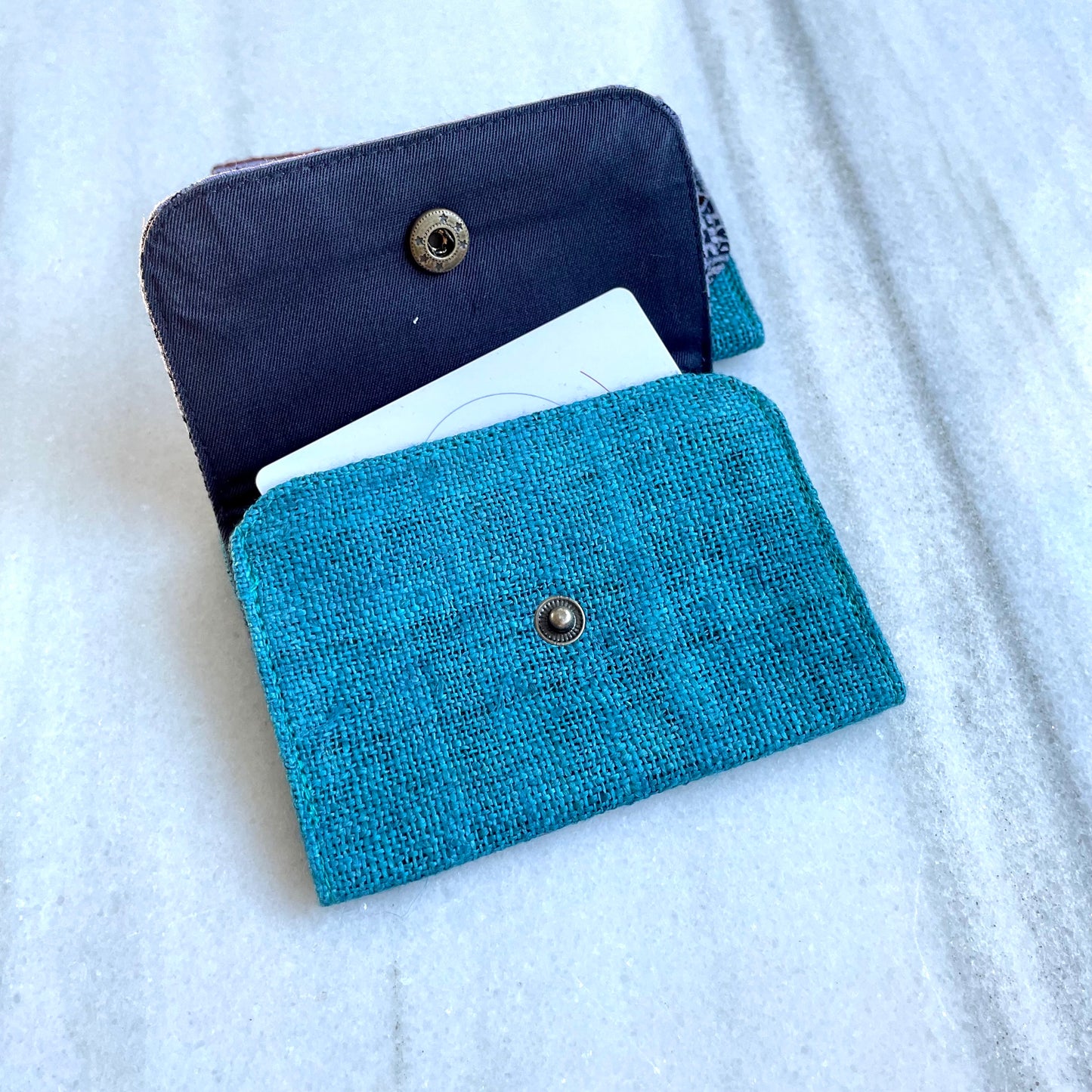 Turquoise blue hemp card holder, Indigo Batik fabric