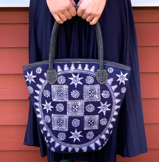 Bucket tote bag, grey handles, indigo blue batik fabric fabric in H'mong pattern