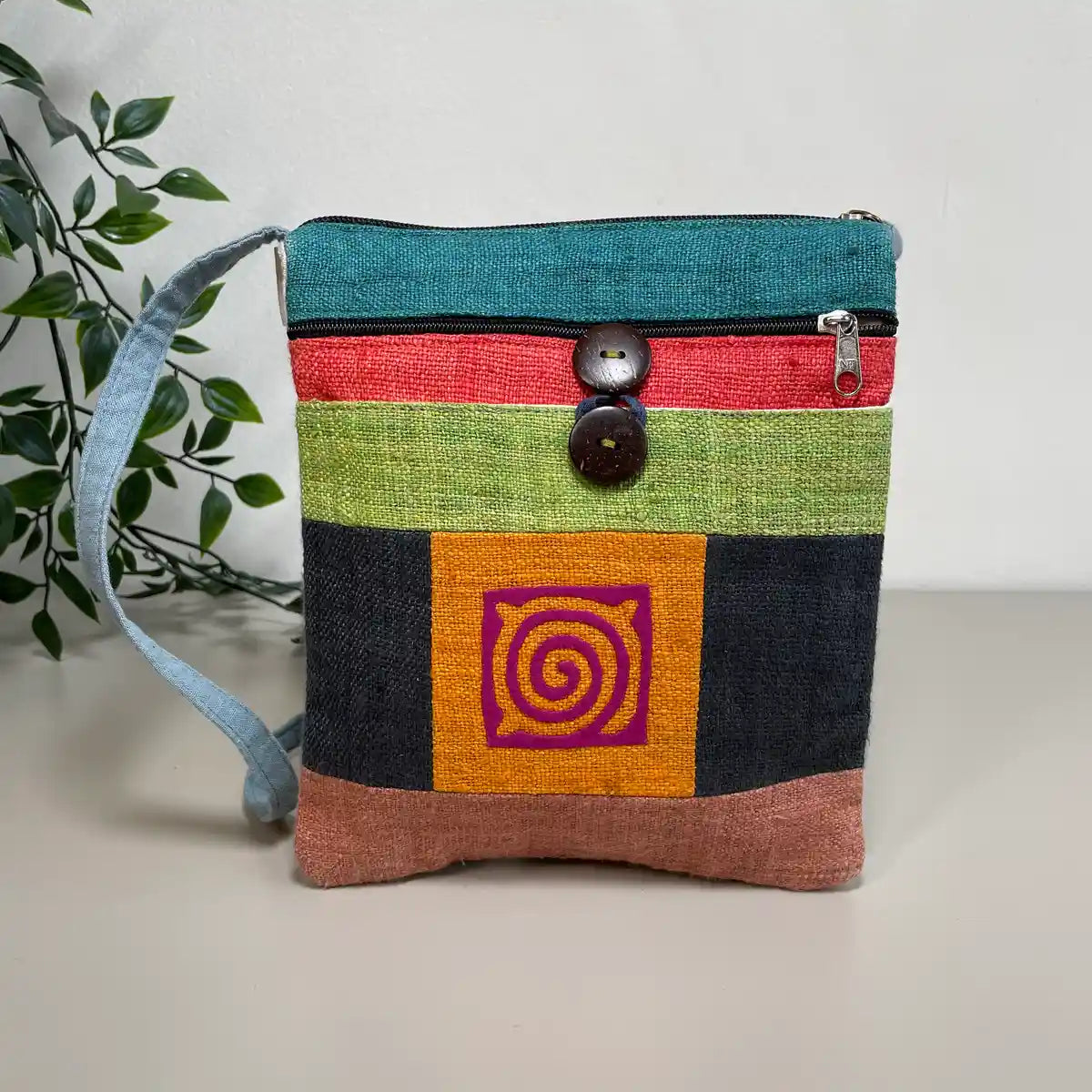 Pink pattern on orange patch - Hemp crossbody bag