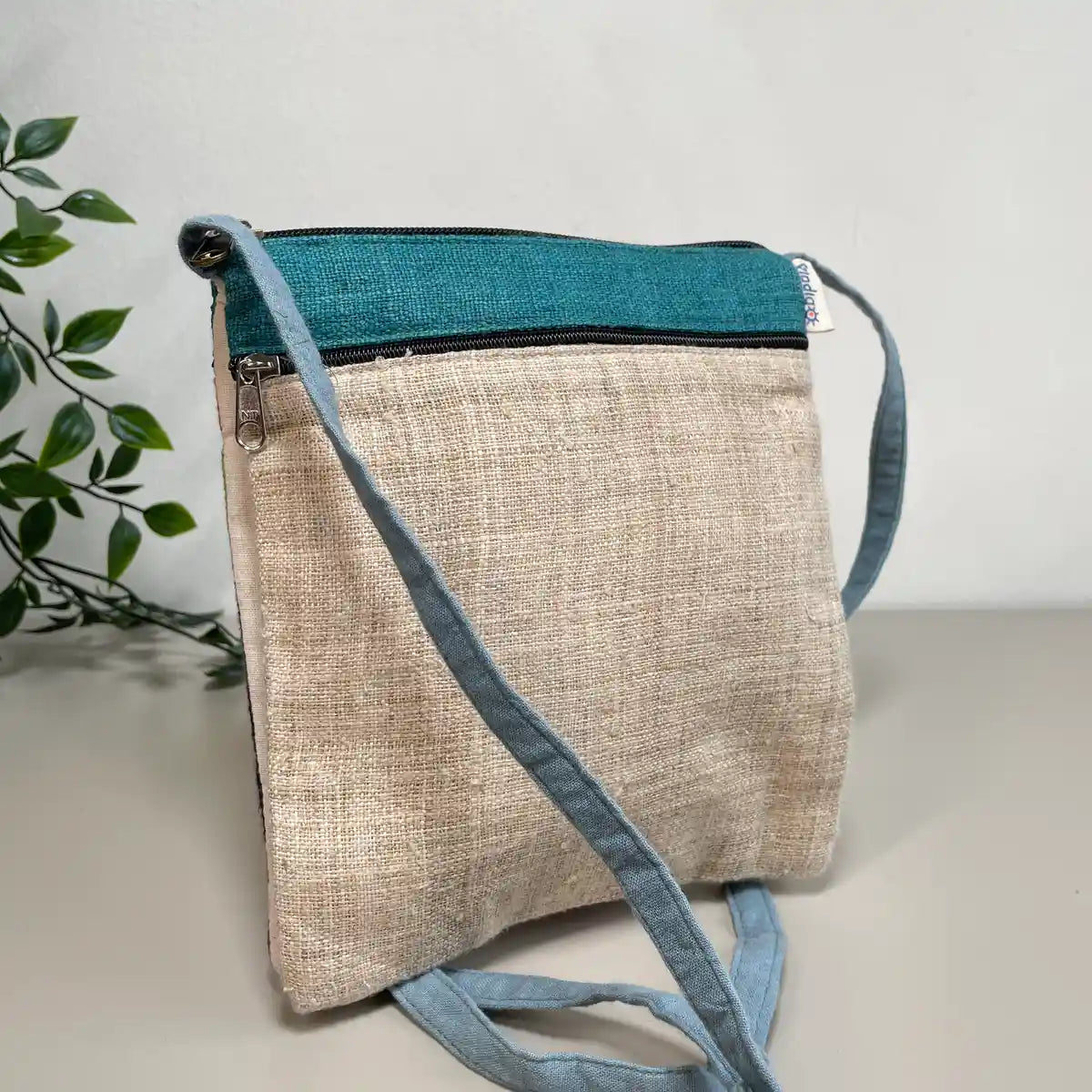 Pink pattern on orange patch - Hemp crossbody bag