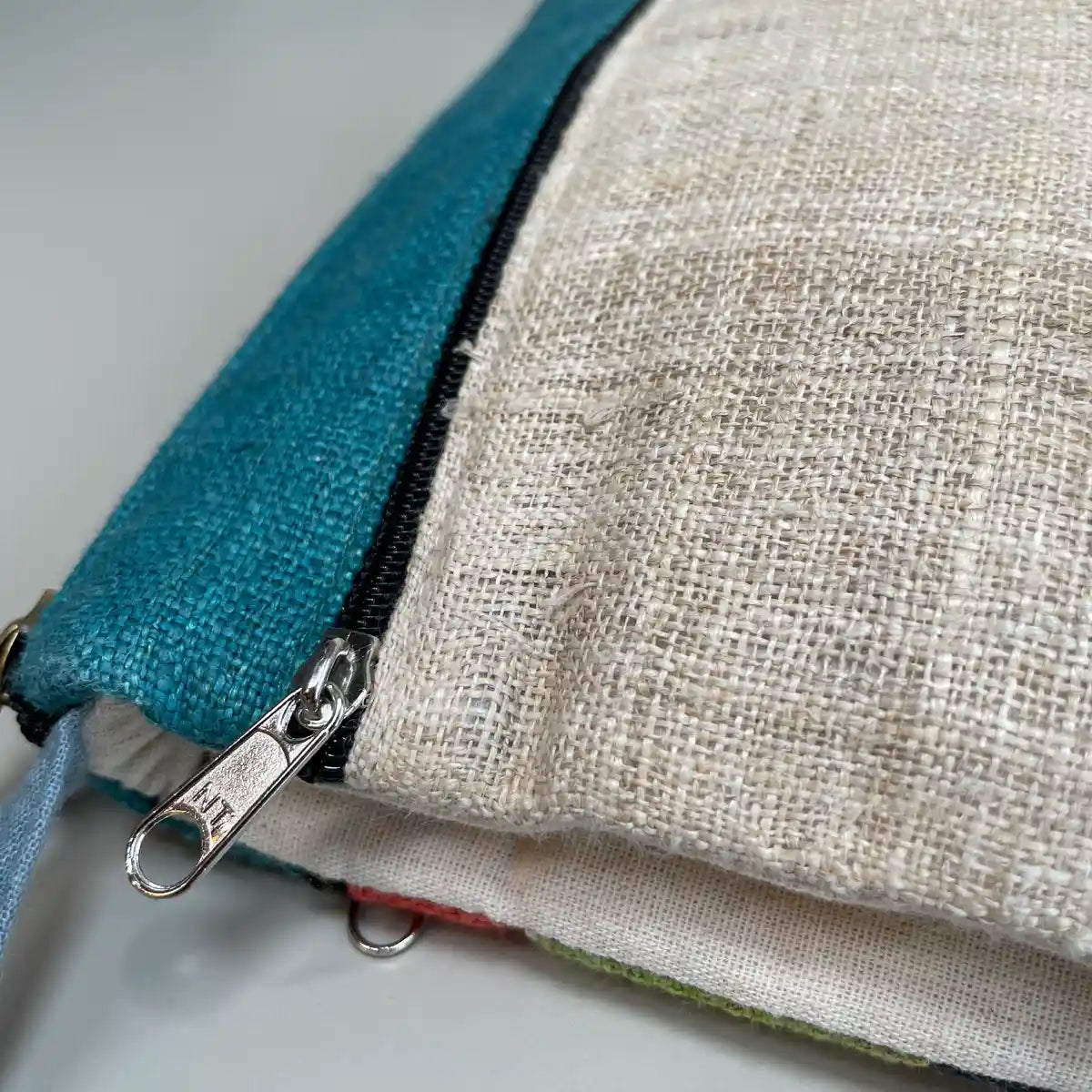 Pink pattern on orange patch - Hemp crossbody bag