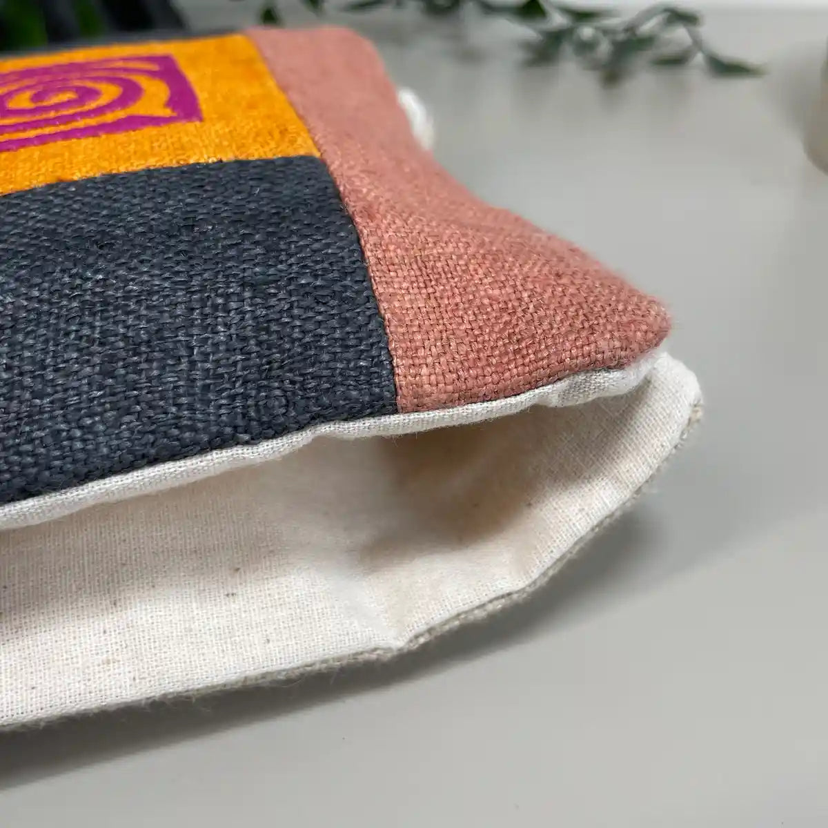 Pink pattern on orange patch - Hemp crossbody bag