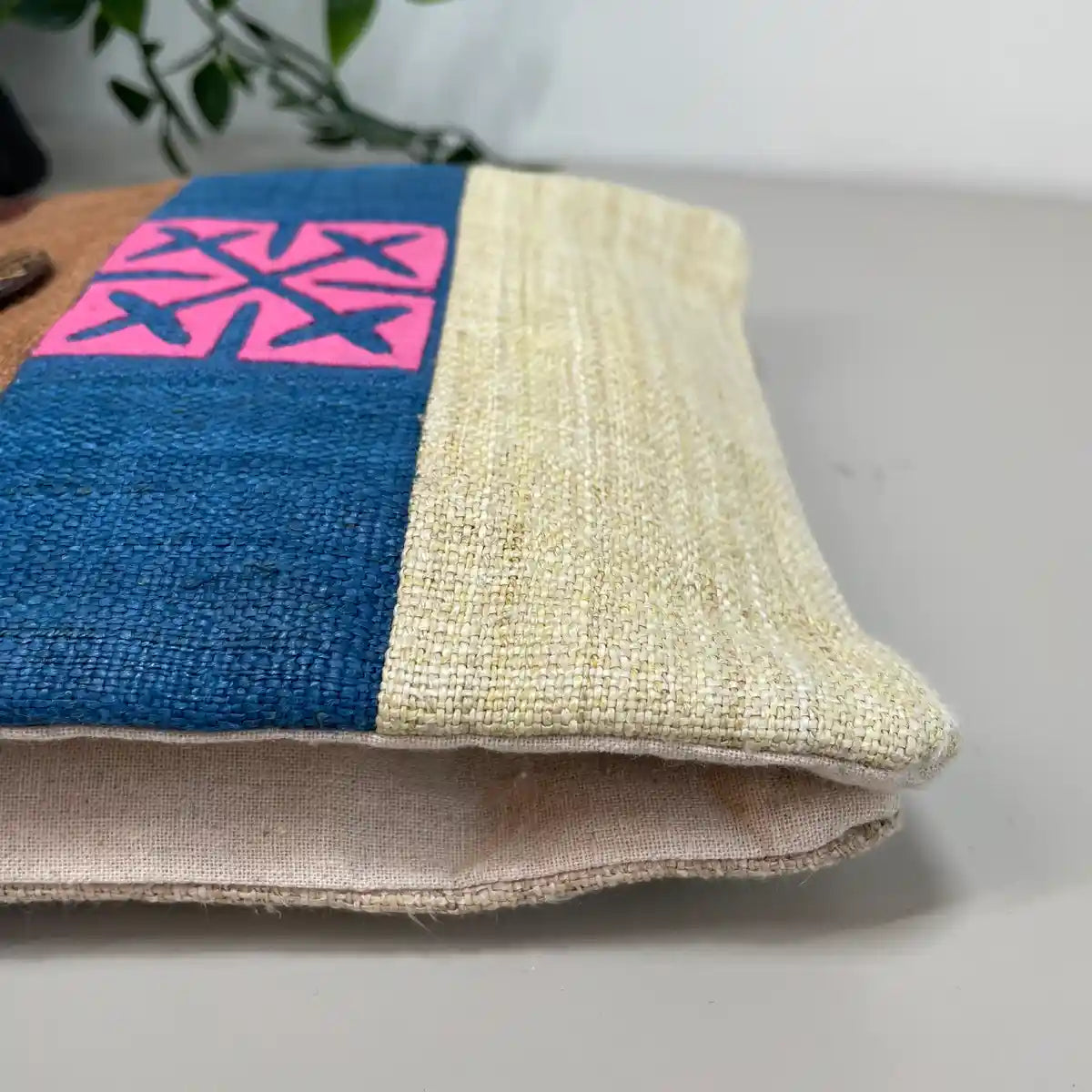 Pink pattern on indigo blue patch- Hemp crossbody bag