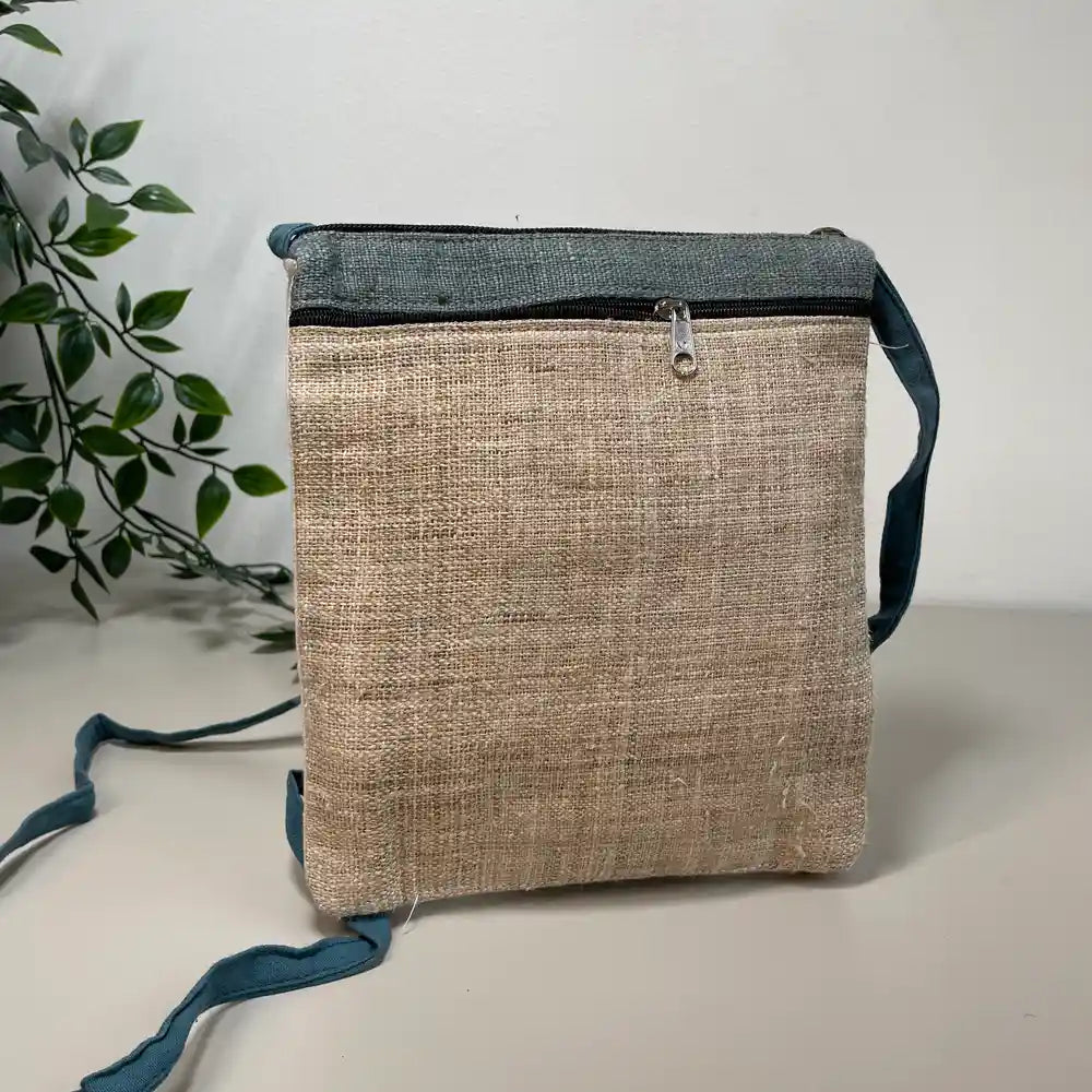 Pink pattern on indigo blue patch- Hemp crossbody bag