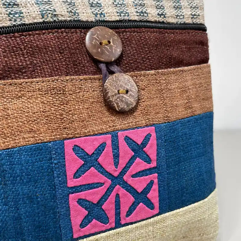 Pink pattern on indigo blue patch- Hemp crossbody bag