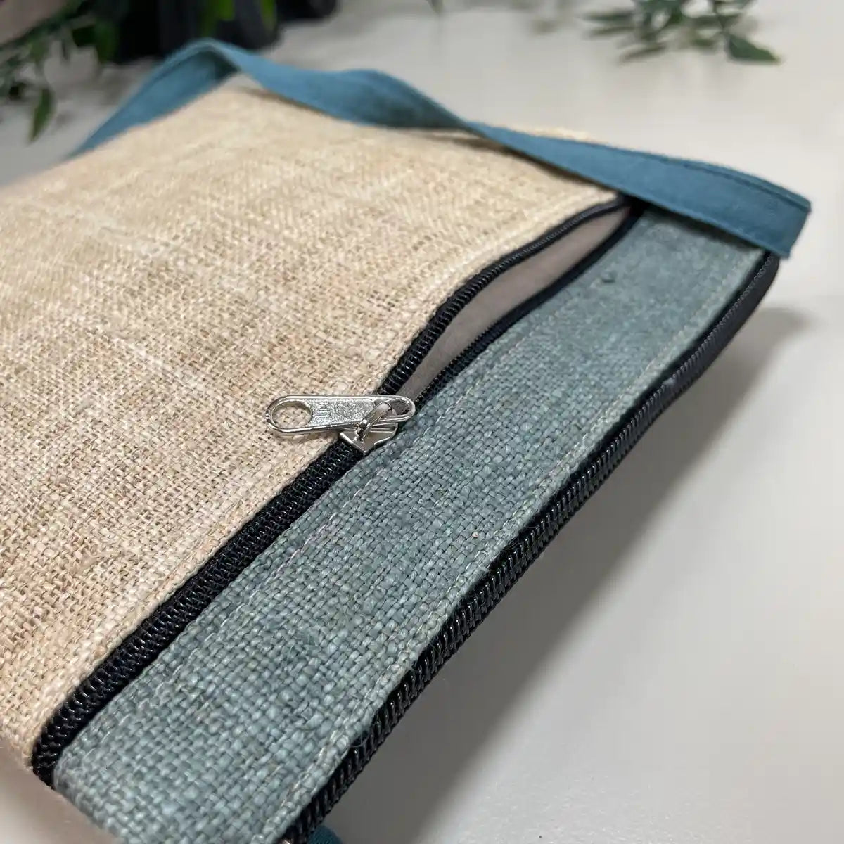 Pink pattern on indigo blue patch- Hemp crossbody bag