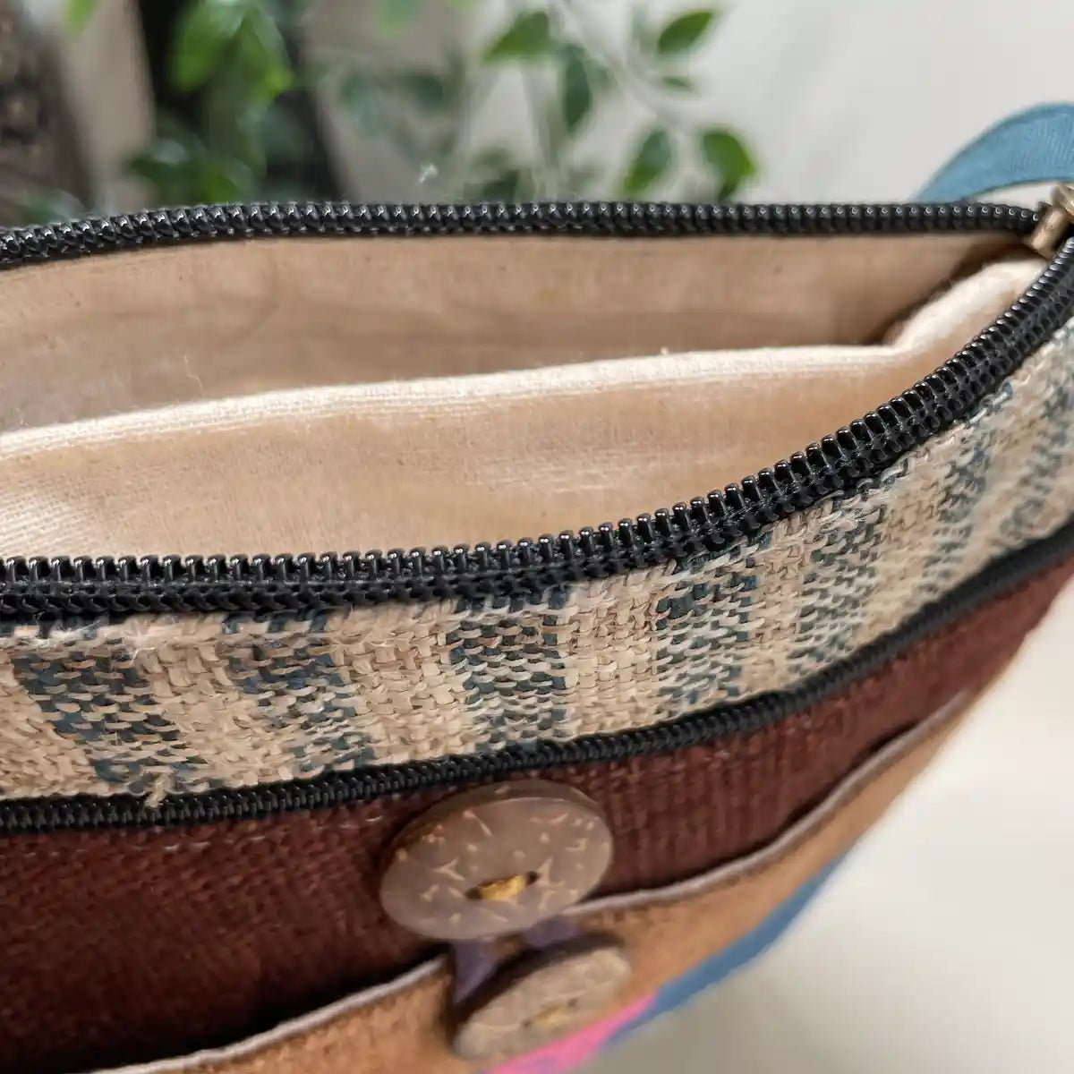 Pink pattern on indigo blue patch- Hemp crossbody bag