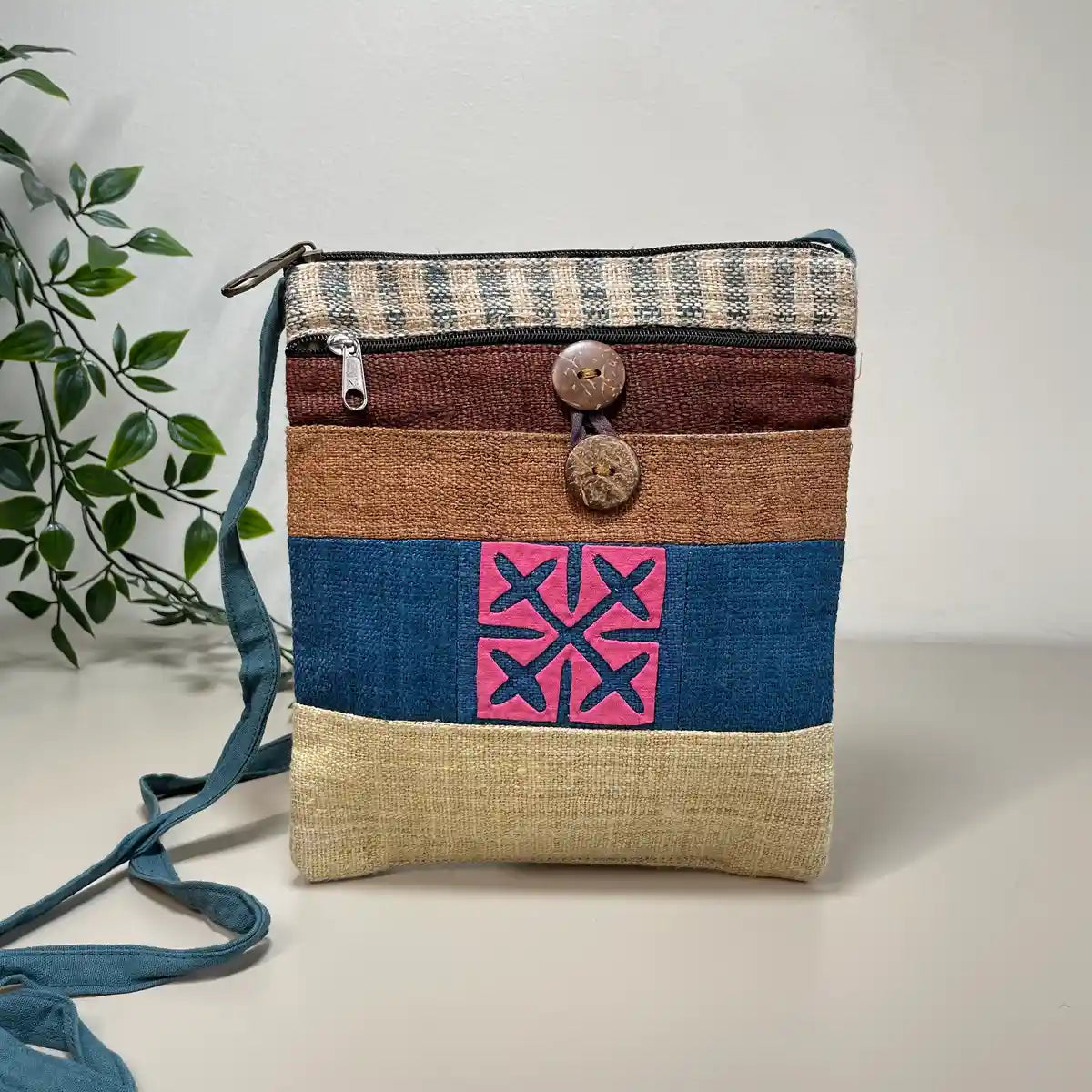 Pink pattern on indigo blue patch- Hemp crossbody bag