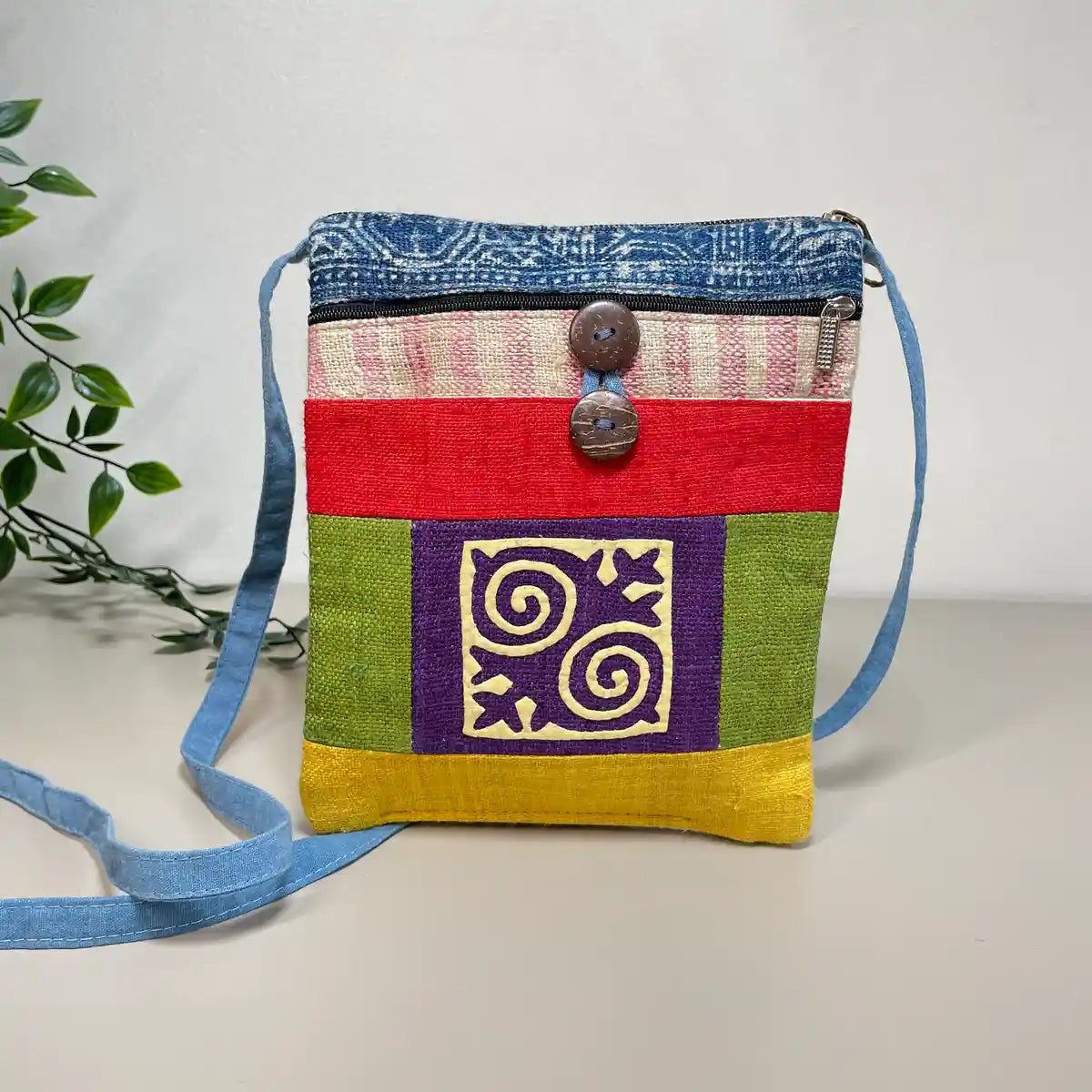 White pattern on purple patch- Hemp crossbody bag