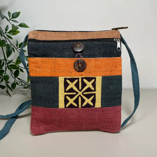 Purple pattern, black patches - Hemp crossbody bag