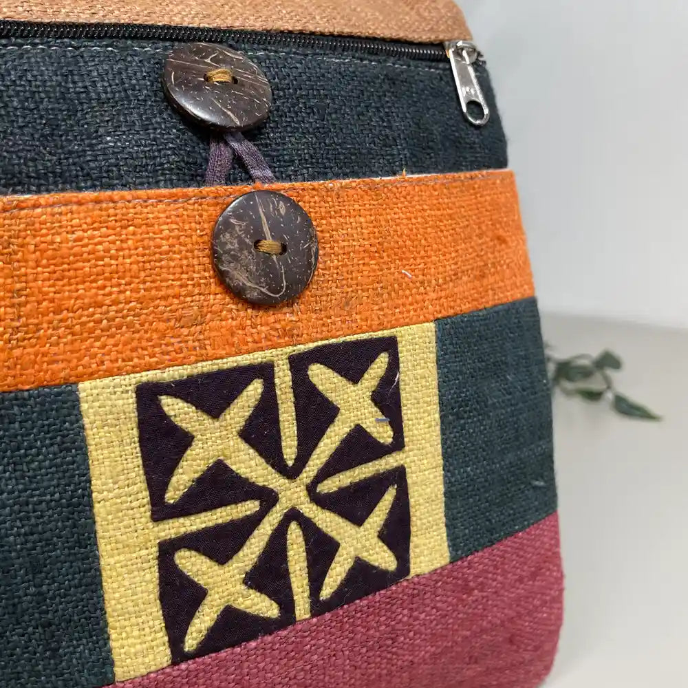 Purple pattern, black patches - Hemp crossbody bag