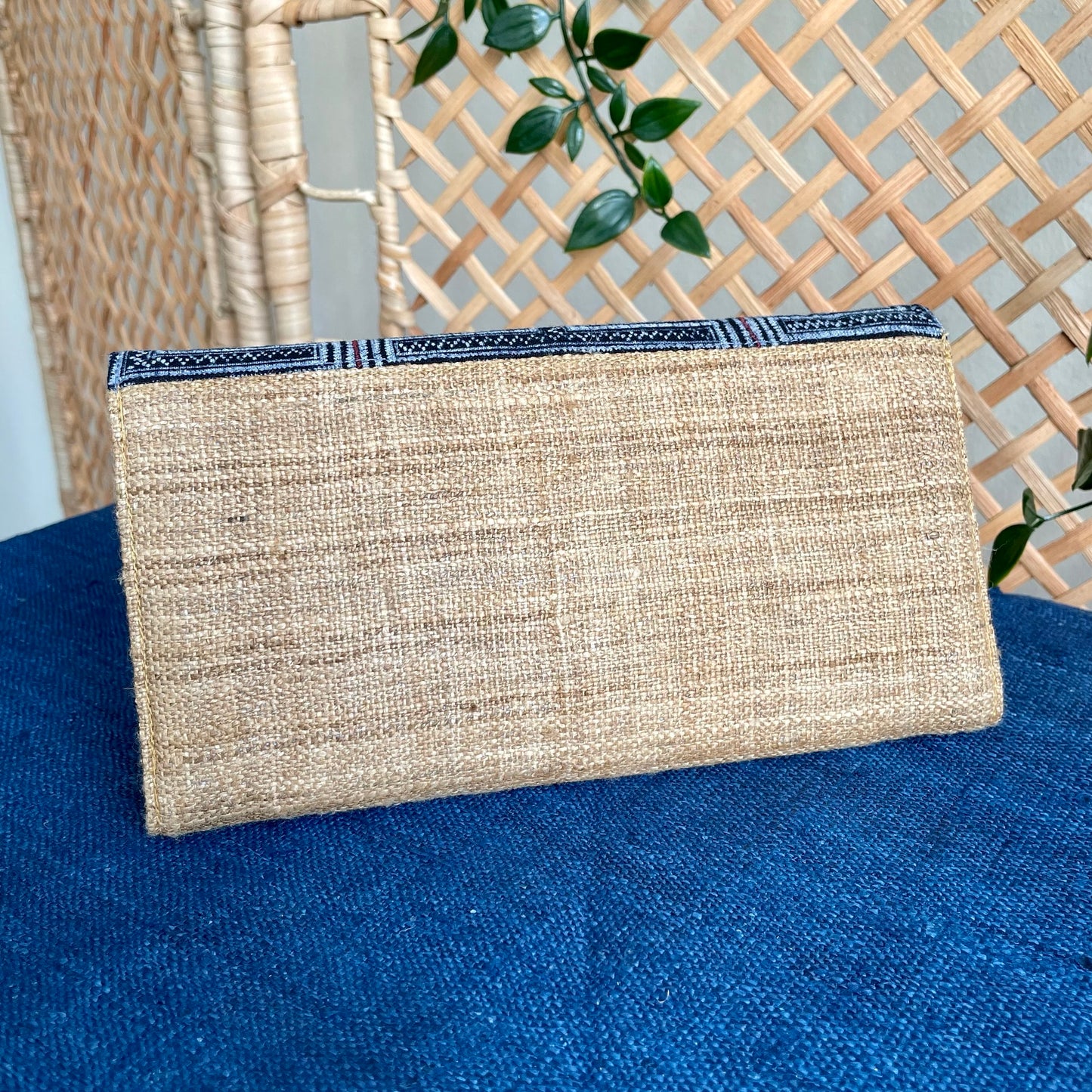 Brown long purse, Hemp fabric, Indigo Batik fabric, H'mong pattern