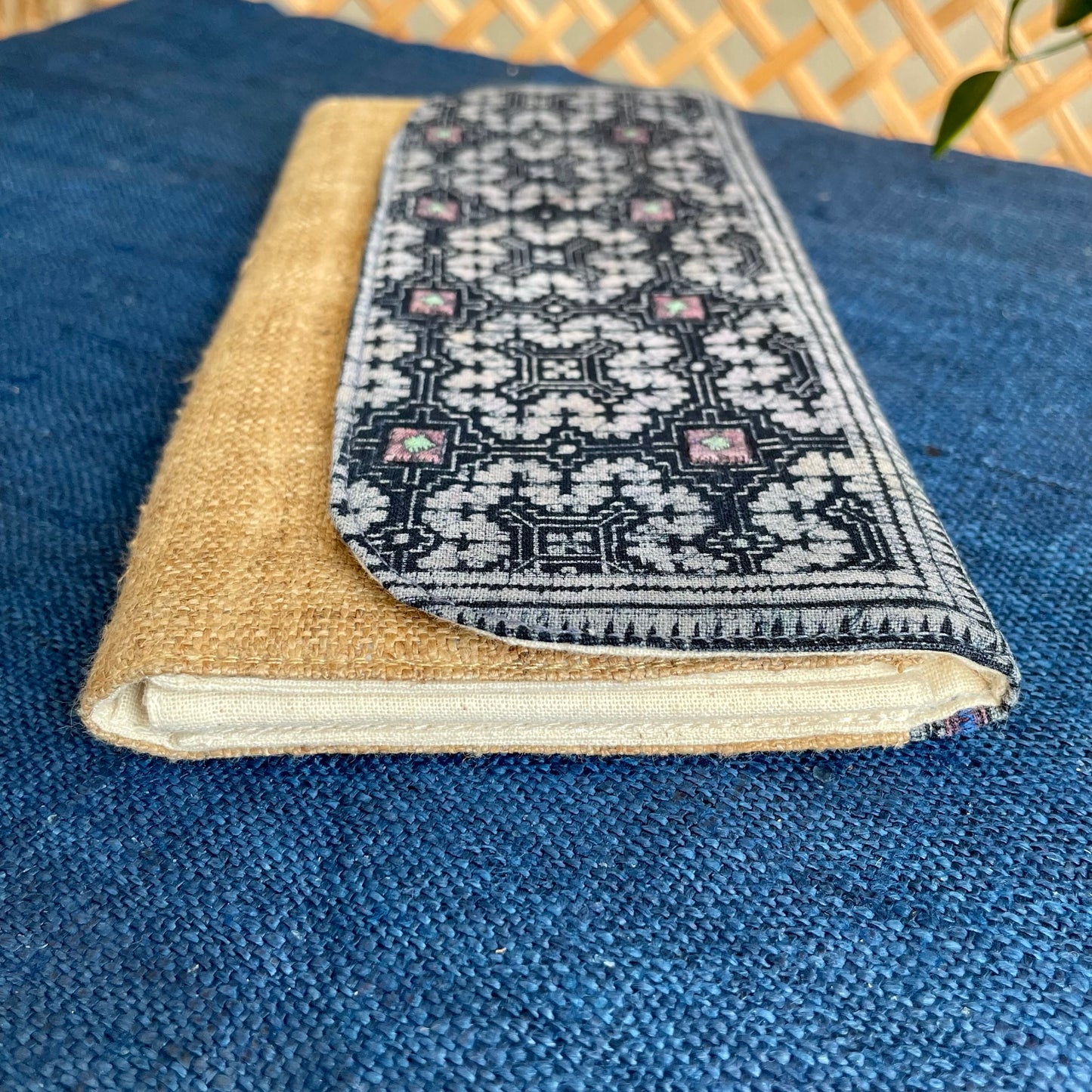 Brown long purse, Hemp fabric, Indigo Batik fabric, H'mong pattern