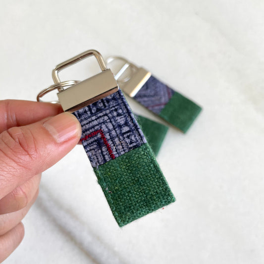 Classic green hemp fabric keychain with vintage batik patch, stainless metal key fob