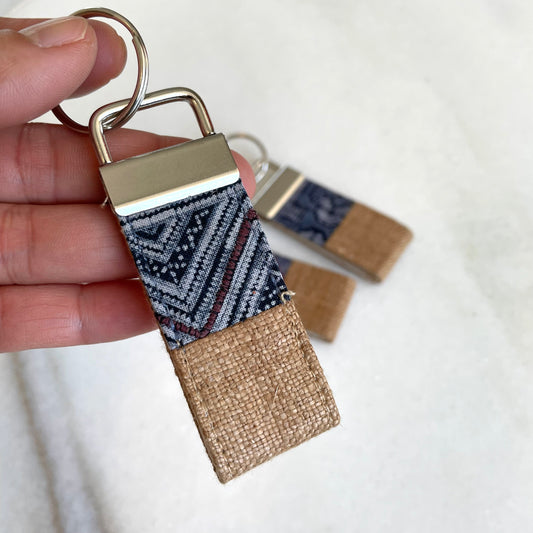 Brown hemp fabric keychain with vintage batik patch, stainless metal key fob