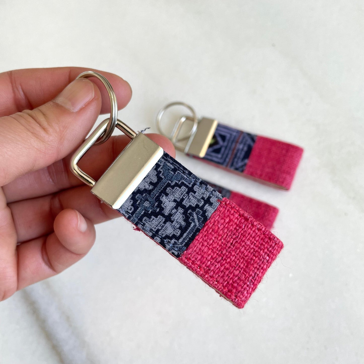 Pink hemp fabric keychain with vintage batik patch, stainless metal key fob