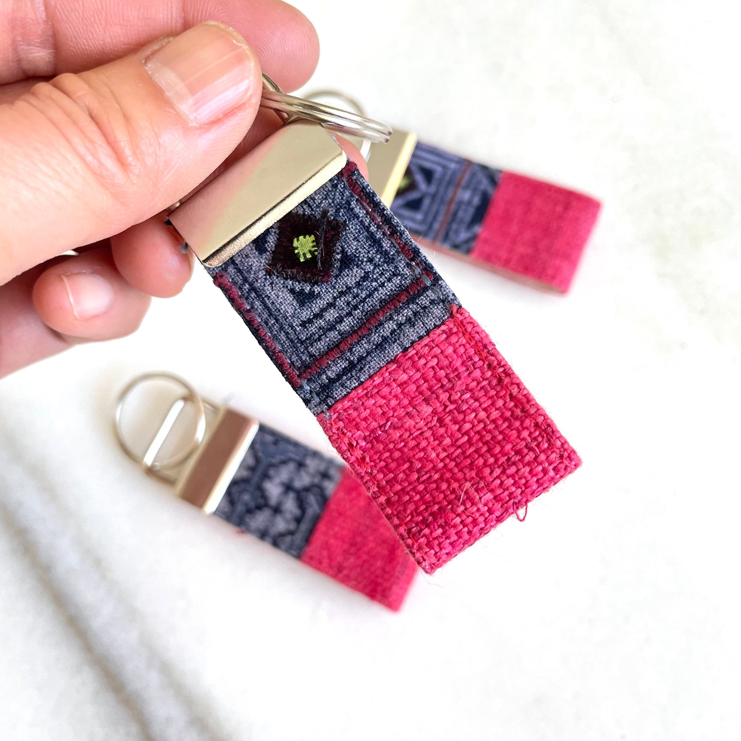 Pink hemp fabric keychain with vintage batik patch, stainless metal key fob