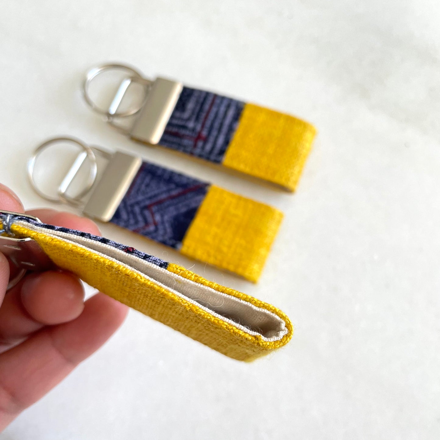 Yellow hemp fabric keychain with vintage batik patch, stainless metal key fob