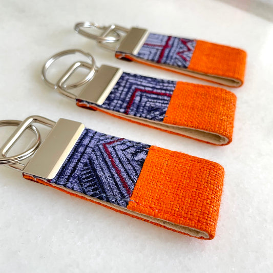 Orange hemp fabric keychain with vintage batik patch, stainless metal key fob
