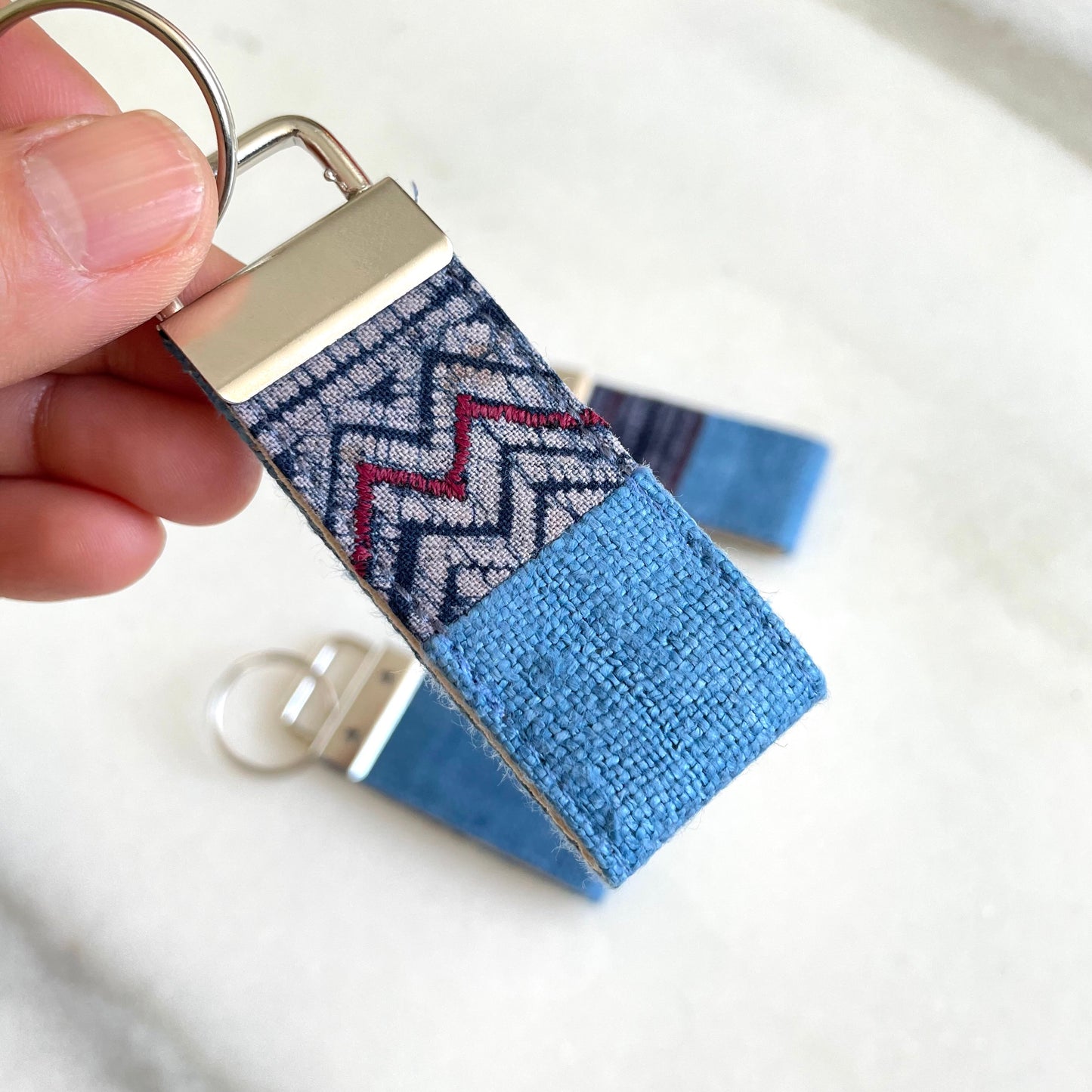 Indigo blue hemp fabric keychain with vintage batik patch, stainless metal key fob
