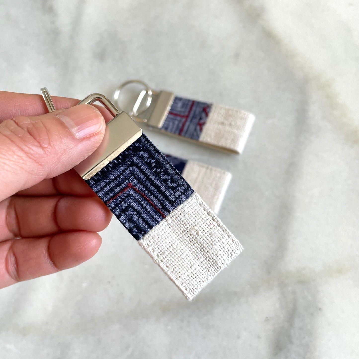 White hemp fabric keychain with vintage batik patch, stainless metal key fob