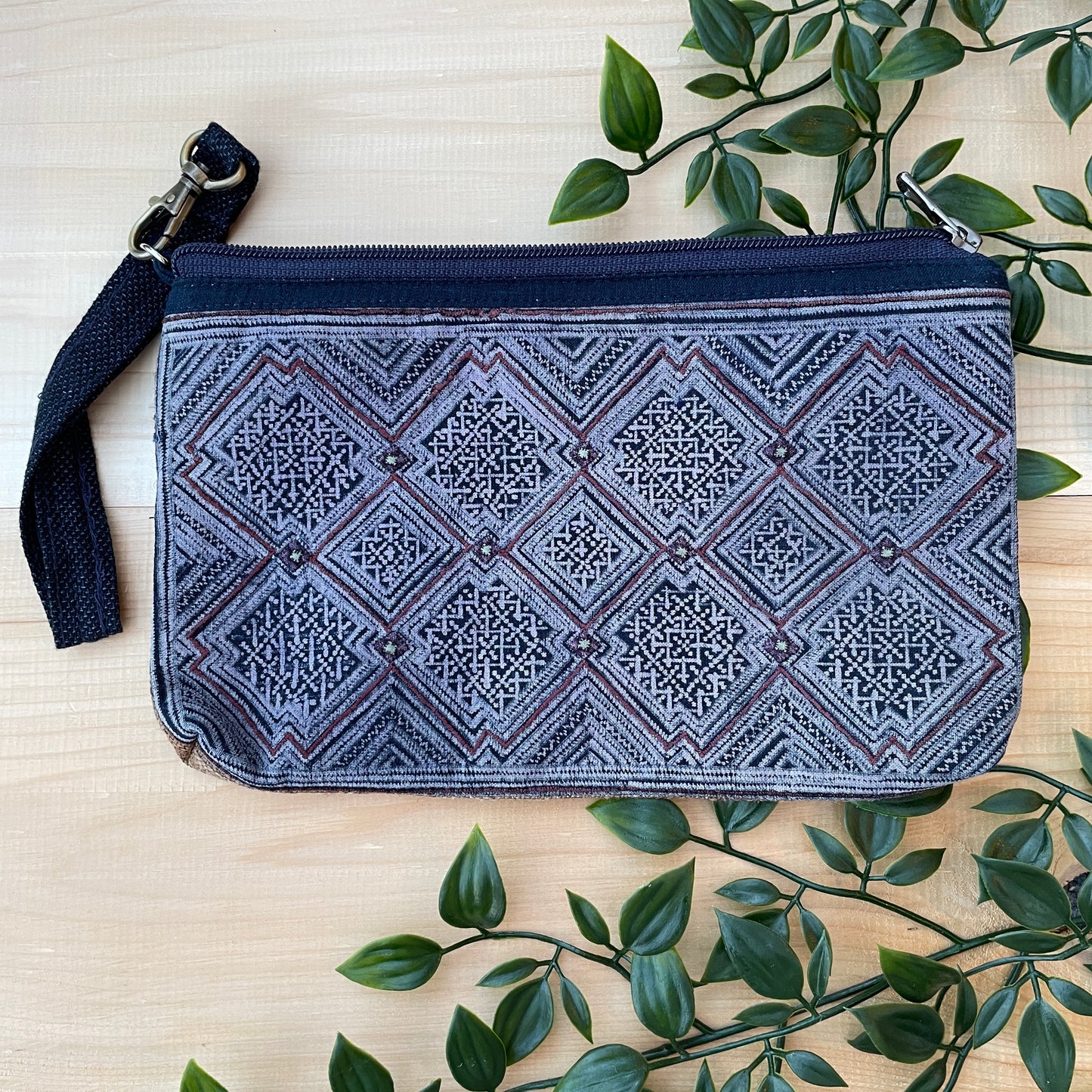 Unique pattern pouch bag, hemp fabric, Indigo Batik drawing, H'mong pattern