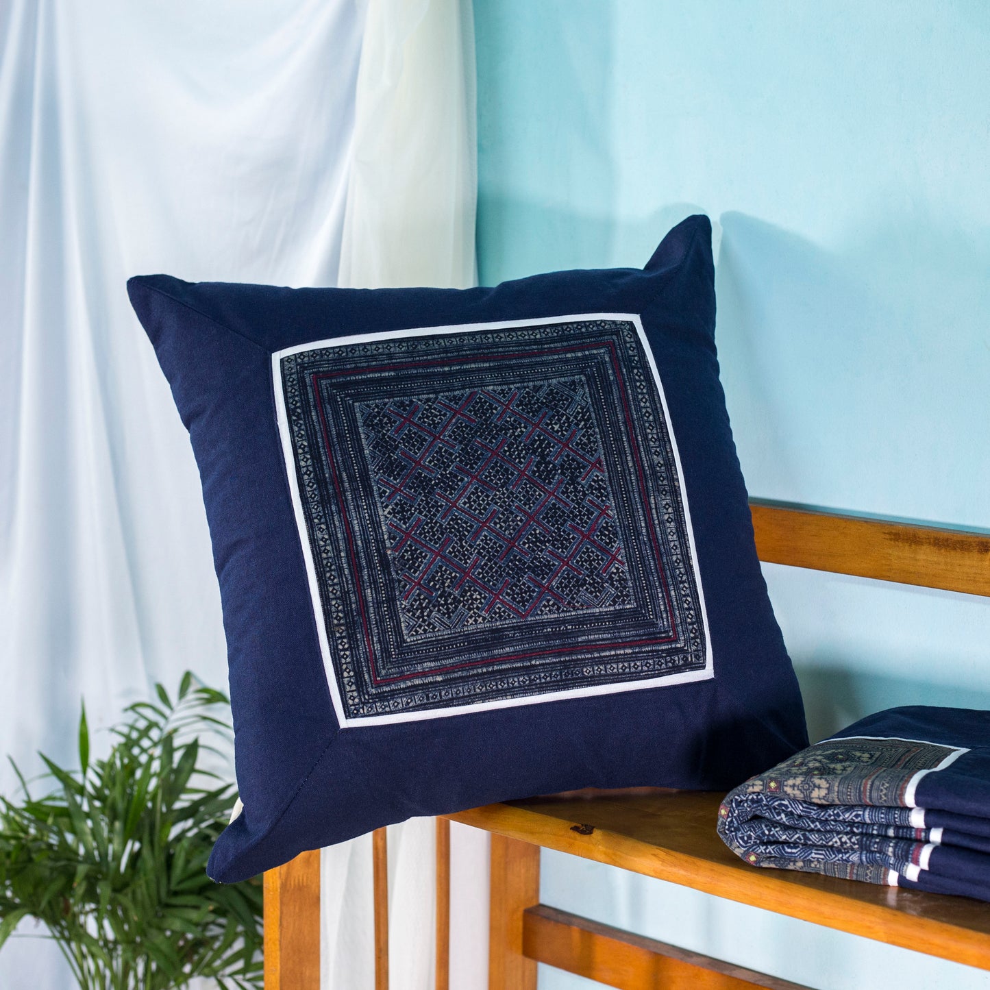 Blue Cushion Cover, H'mong vintage batik cloth, grid pattern