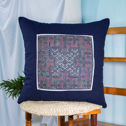 Blue Cushion Cover, H'mong vintage batik cloth, labyrinth pattern