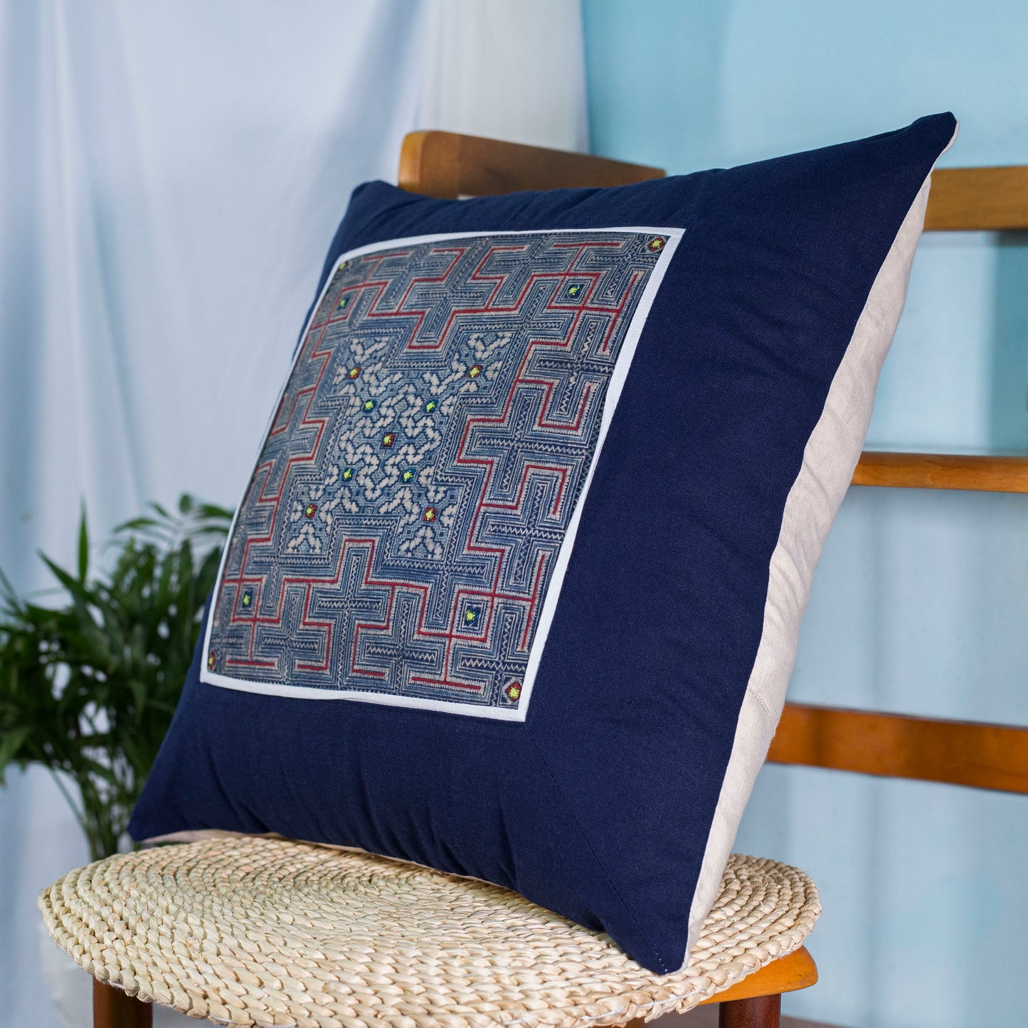 Blue Cushion Cover, H'mong vintage batik cloth, labyrinth pattern