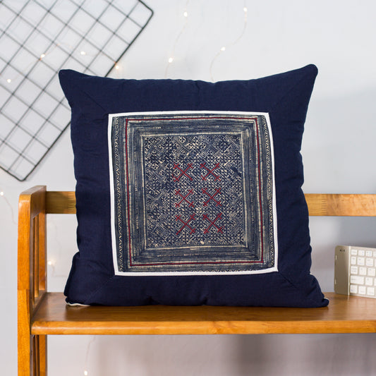 Blue Cushion Cover, H'mong vintage batik cloth, cross pattern