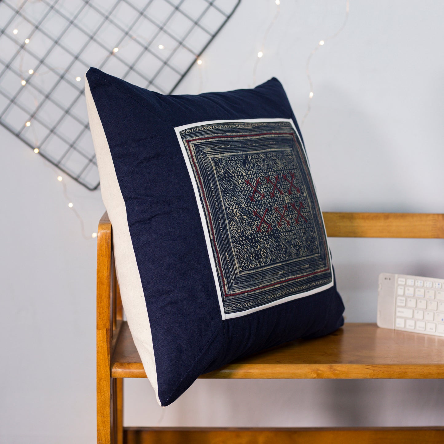 Blue Cushion Cover, H'mong vintage batik cloth, cross pattern