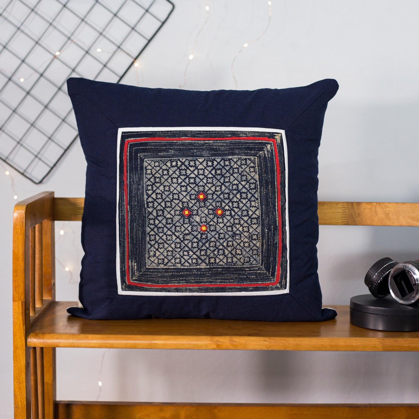 Blue Cushion Cover, H'mong vintage batik cloth, 4-dot pattern