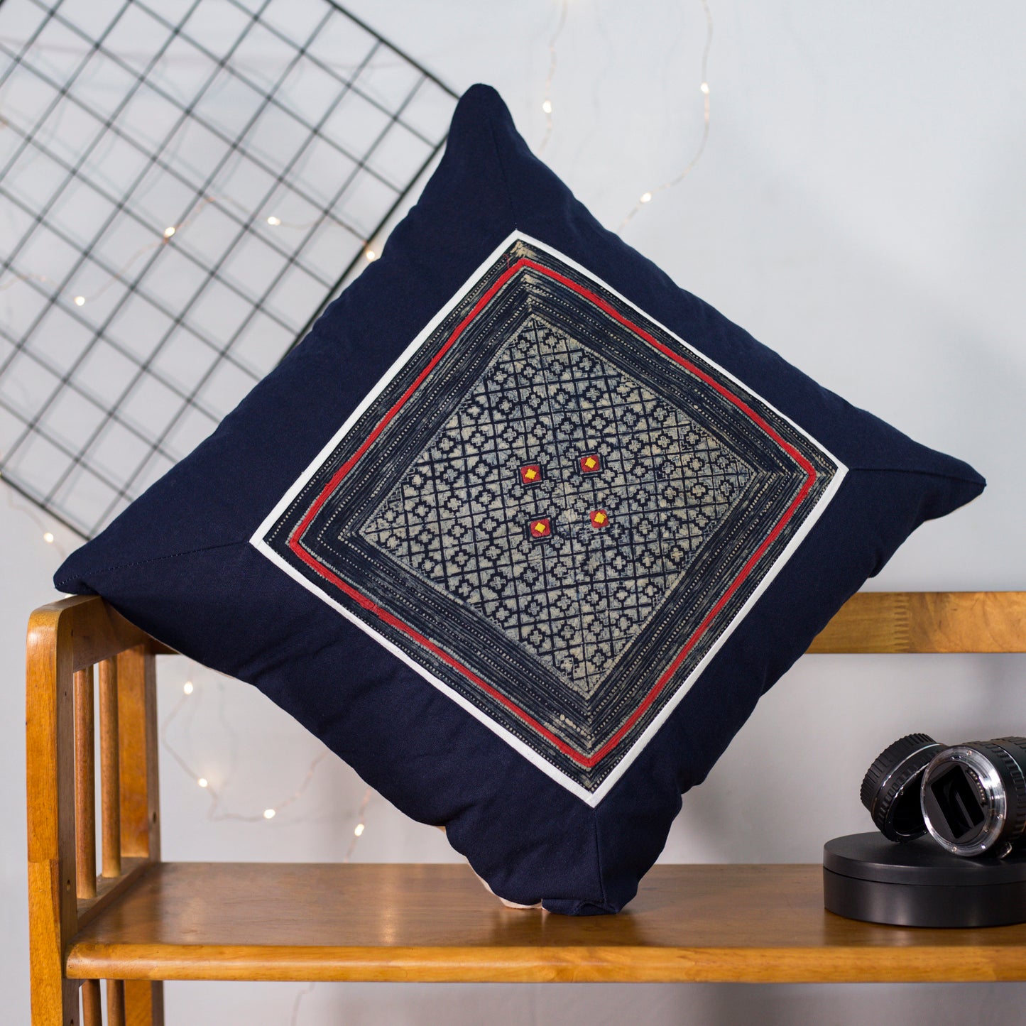 Blue Cushion Cover, H'mong vintage batik cloth, 4-dot pattern