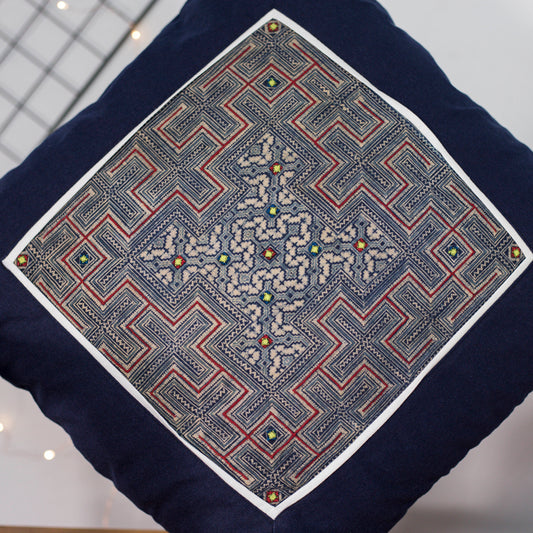Blue Cushion Cover, H'mong vintage batik cloth, labyrinth pattern