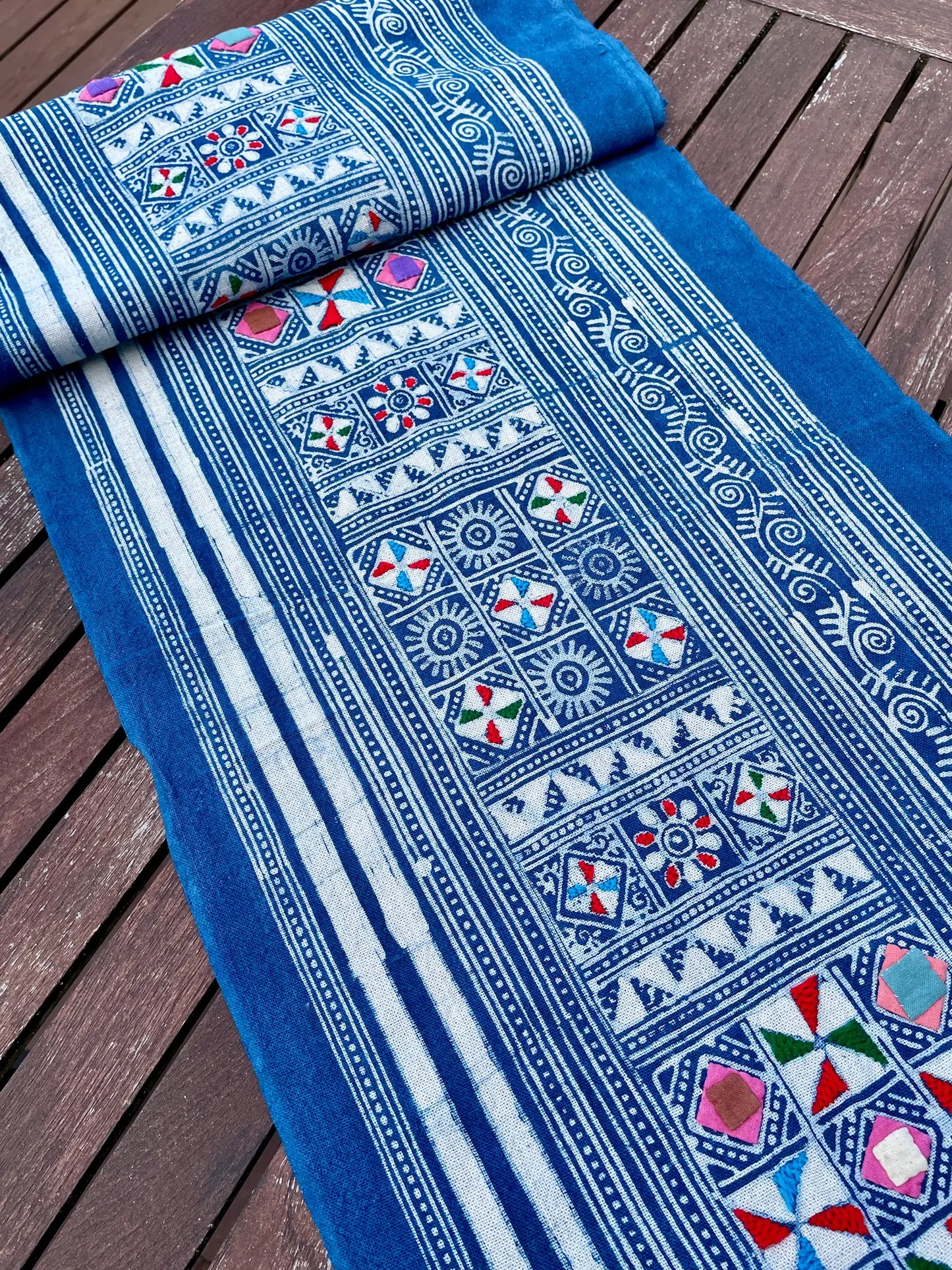 Block print batik with embroidery and appliqué on cotton