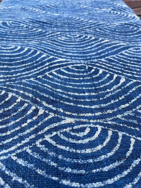 <tc>Handvävt hampatyg – indigo batik med H’mong-mönster i blått och vitt</tc>