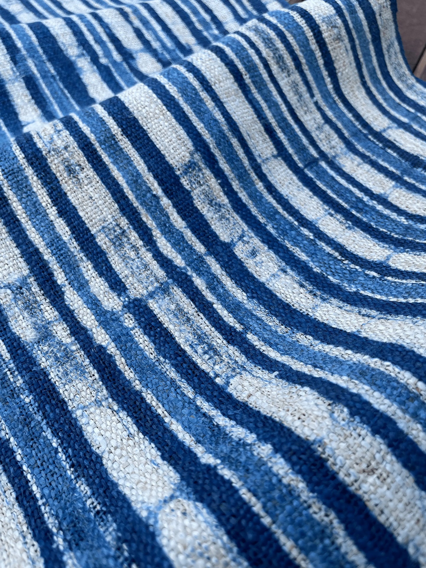 Handwoven hemp, batik indigo, striped blue and white pattern