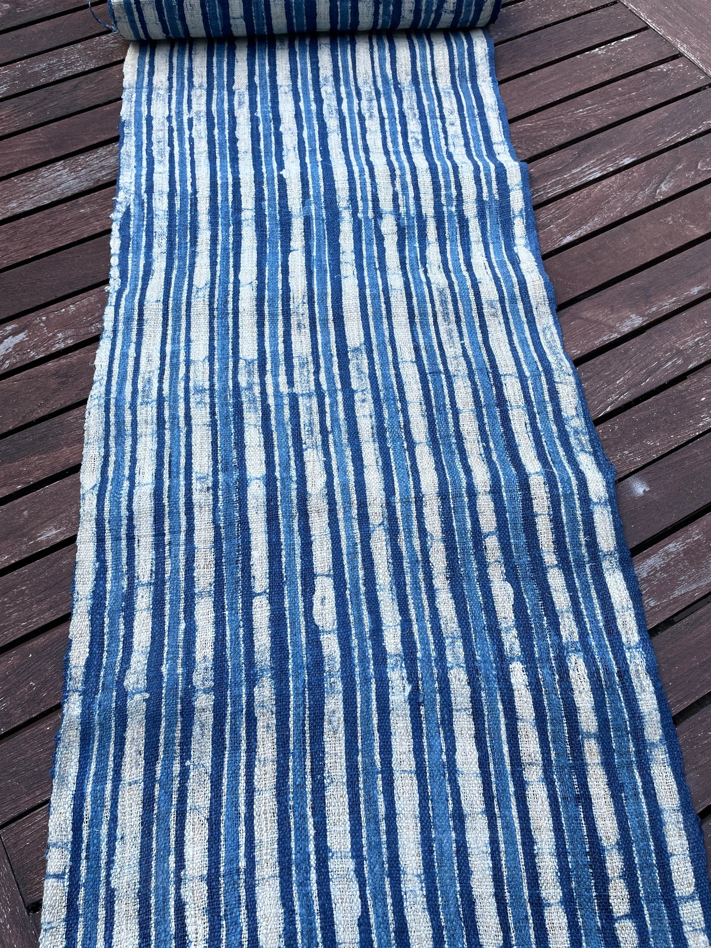 Handwoven hemp, batik indigo, striped blue and white pattern