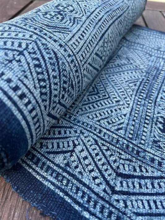 <tc>Handvävt hampatyg – indigo batik med H’mong-mönster i blått och vitt</tc>
