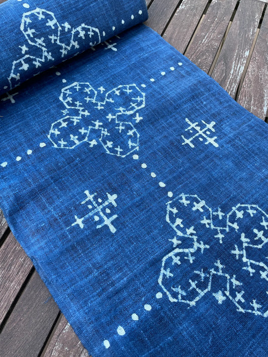 <tc>Handvävt hampatyg – indigo batik med H’mong-mönster i blått och vitt</tc>