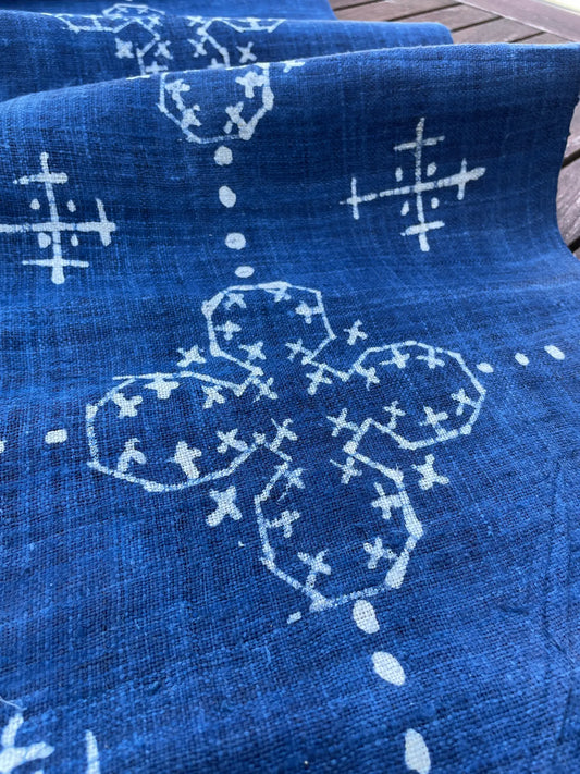 <tc>Handvävt hampatyg – indigo batik med H’mong-mönster i blått och vitt</tc>