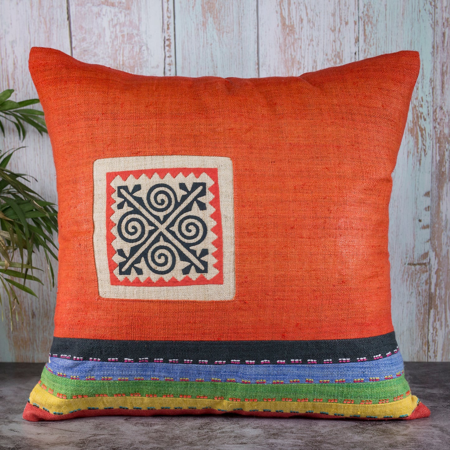 Orange Hemp Cushion Cover with stripes in different colors, hand-stitched pattern in black and orange
