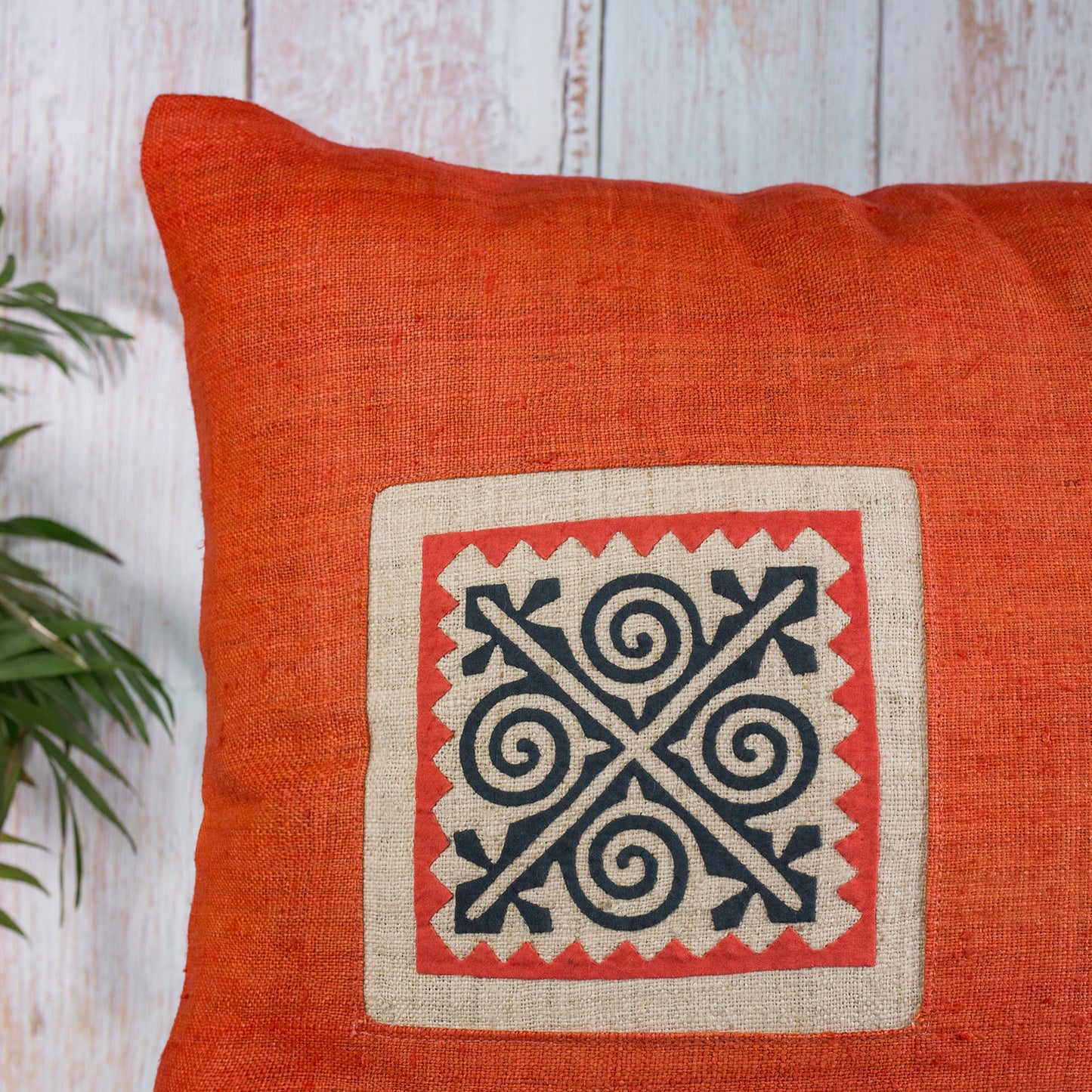 Orange Hemp Cushion Cover with stripes in different colors, hand-stitched pattern in black and orange