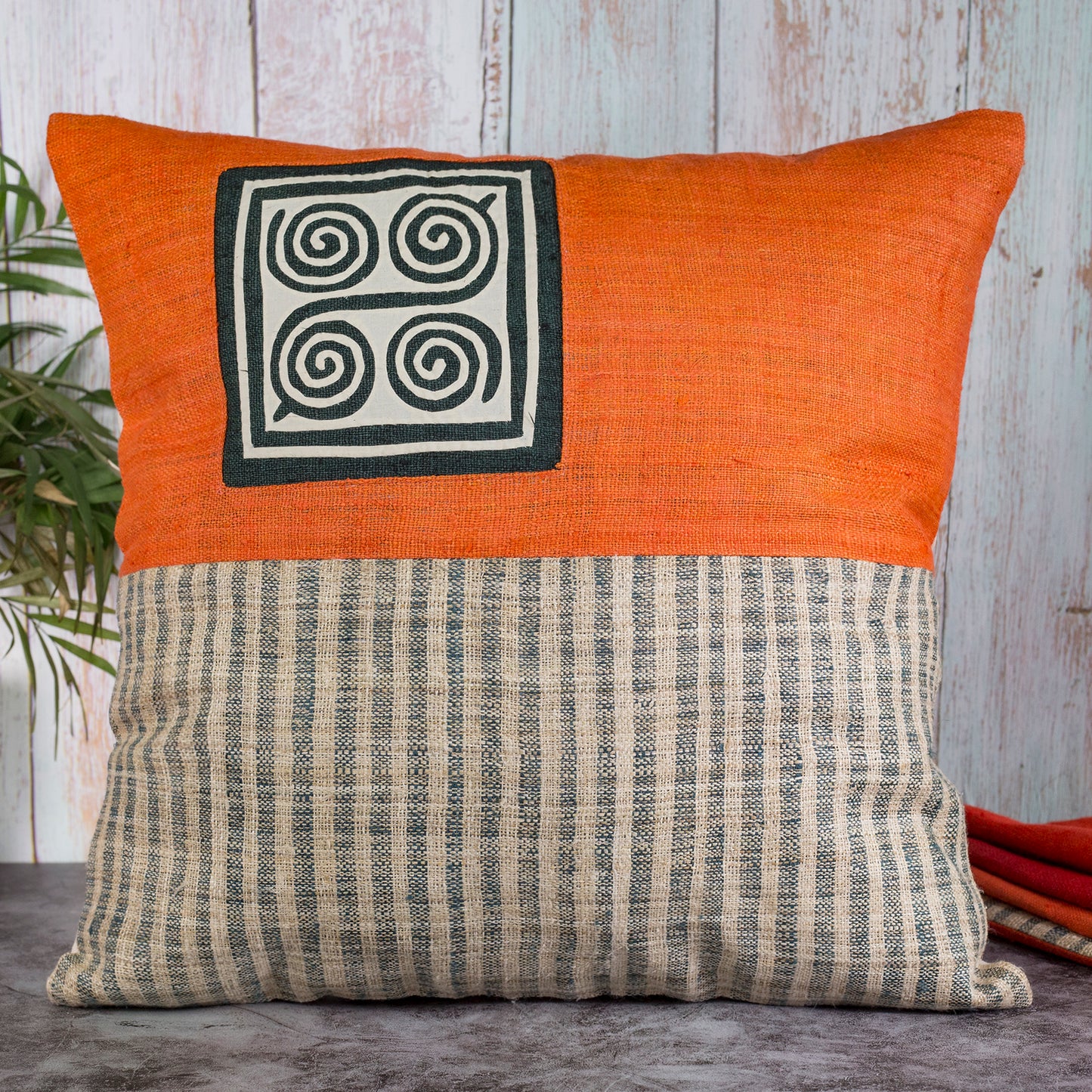 Hemp Cushion Cover in Orange - H'mong pattern, handwoven fabric stripes, handmade 100%